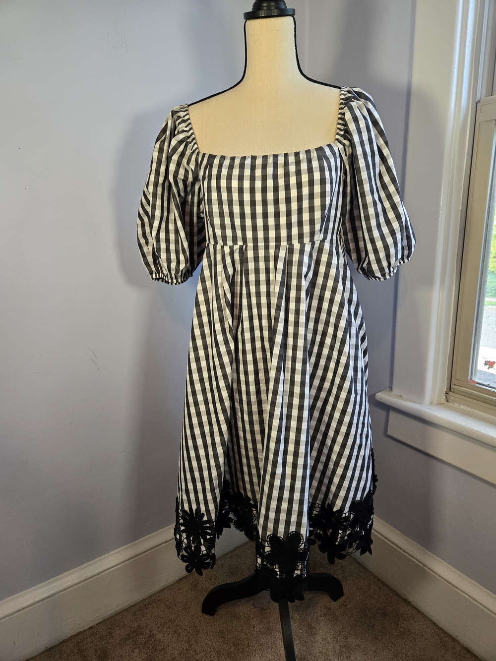 Kate Spade Spring Gingham Puff Sleeve Dress Midi L Black White Floral Lace Trim - Picture 2 of 9